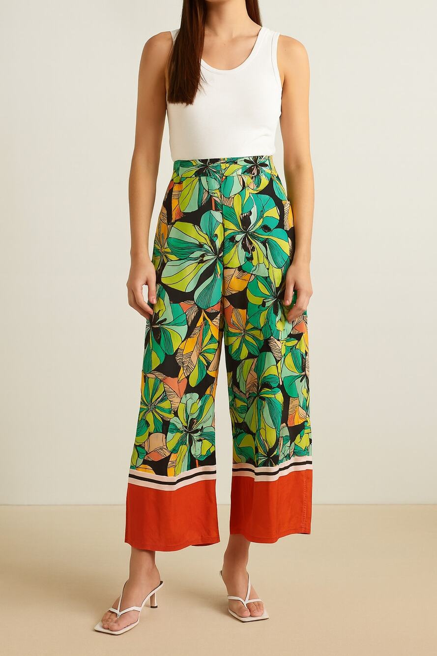 NWT Zara Palazzo Pants Bright Floral Retro Vacation Resortwear Tropical Paradise